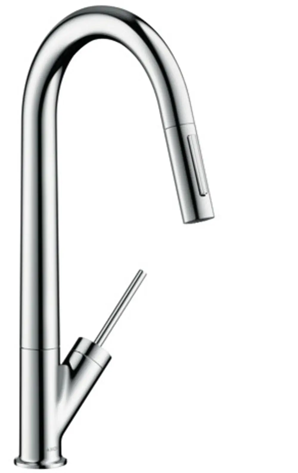 Spültischmischer von AXOR mit elegantem, gebogenen Auslauf und separatem Hebel für die Steuerung, ausgestattet mit einer Ausziehbrause für flexibles Handhaben.